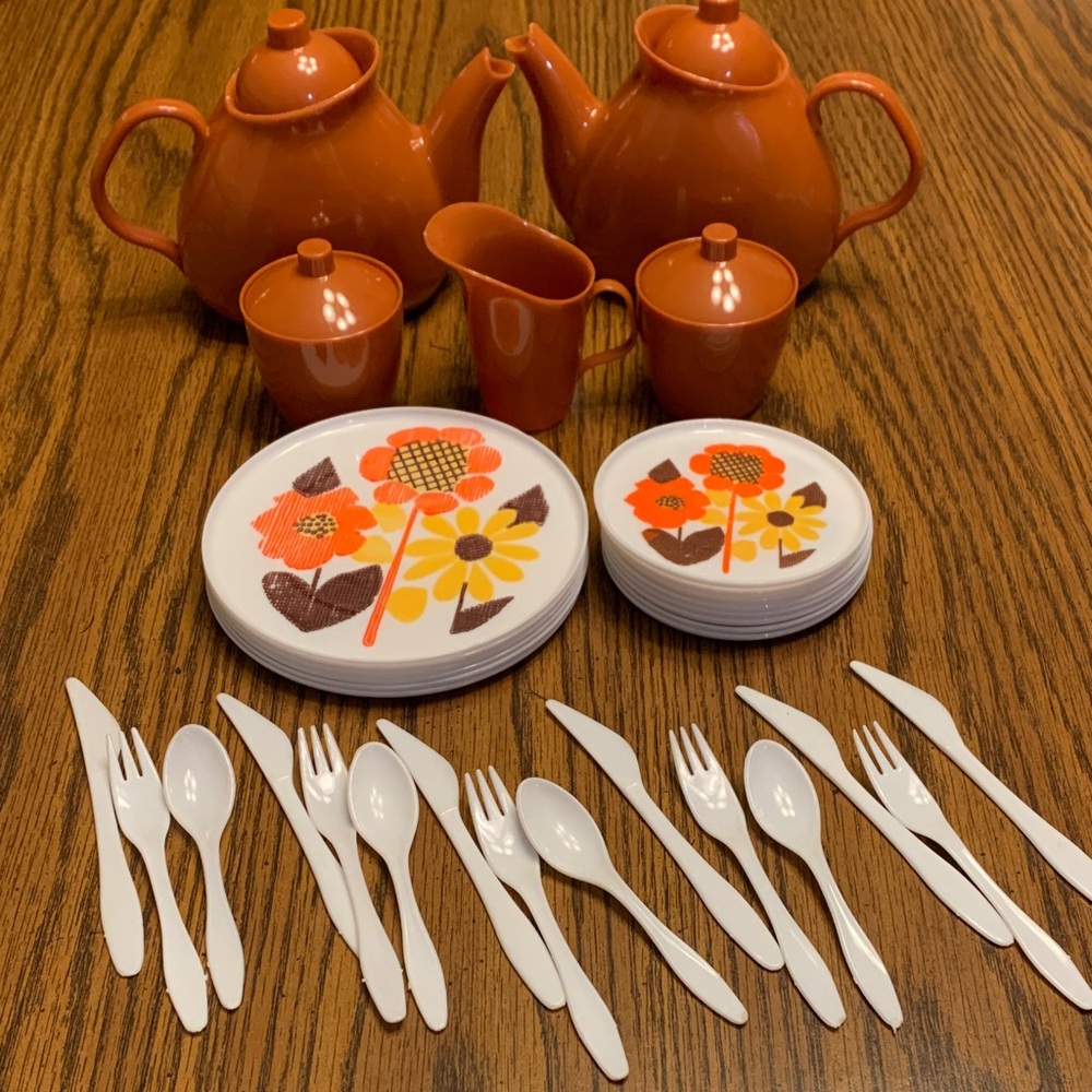 Vintage Floral Orange and Brown Children's Tea Set with White Cutlery
